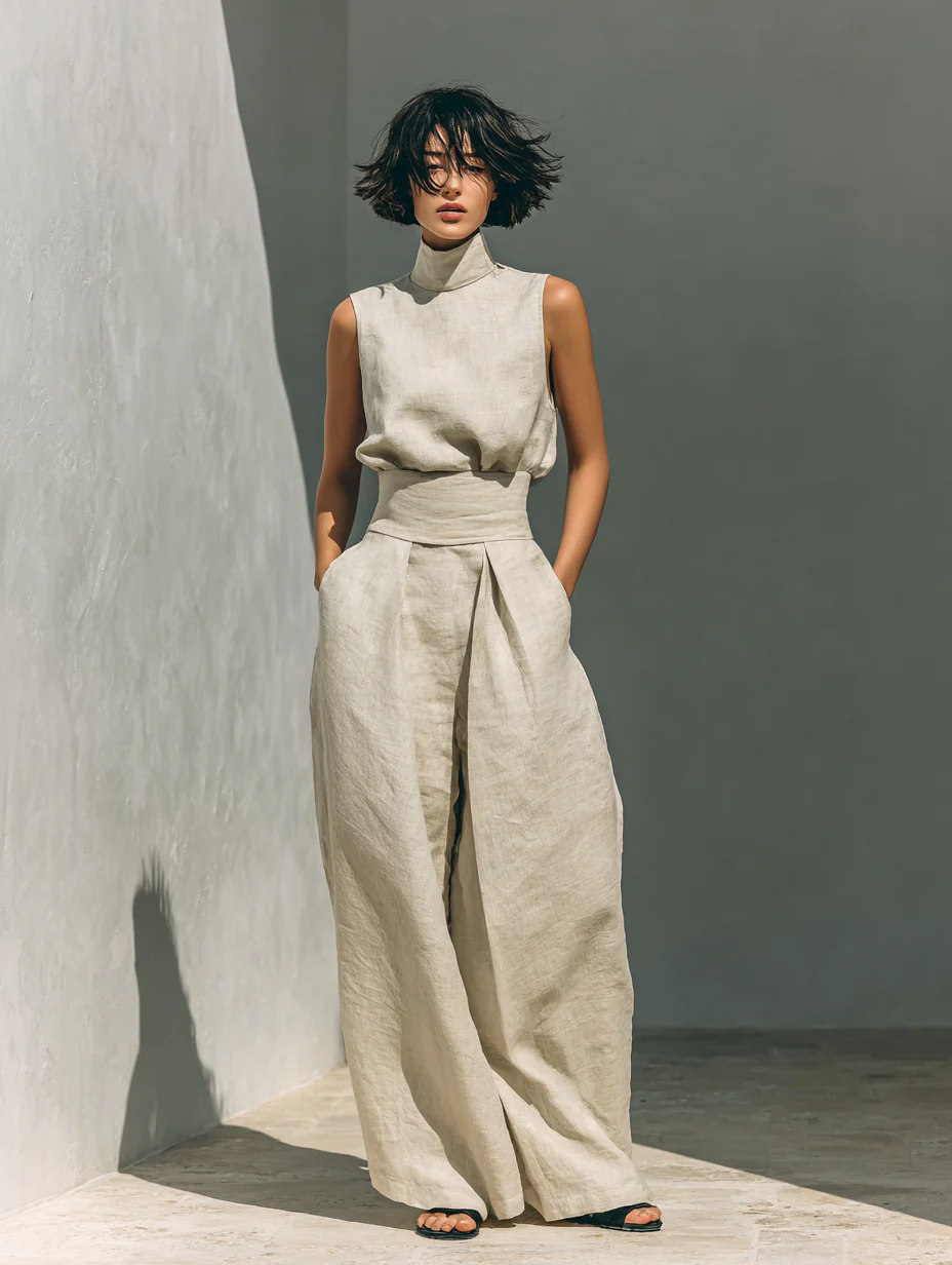 María - Conjunto de camiseta sin mangas y pantalones anchos de estilo minimalista, para mujer