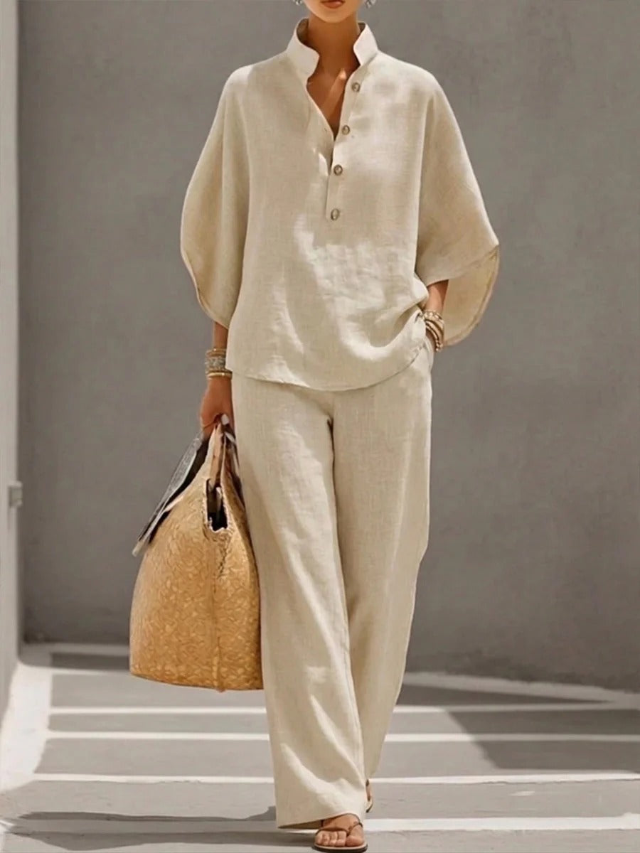 MARIEL | TRAJE DE MANGA MURCIÉLAGO CON PANTALÓN DE PIERNA ANCHA DE ALGODÓN Y LINO
