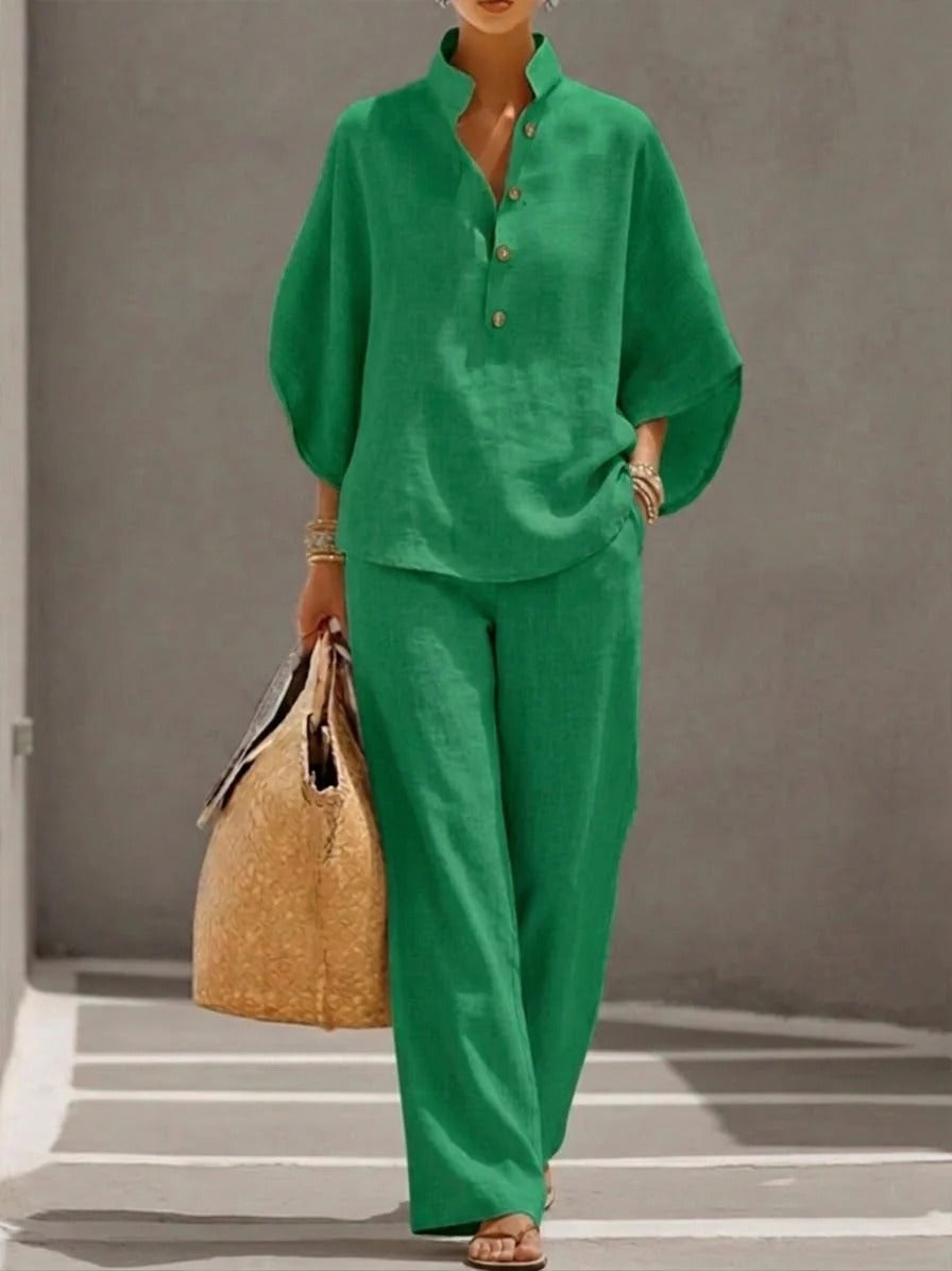 MARIEL | TRAJE DE MANGA MURCIÉLAGO CON PANTALÓN DE PIERNA ANCHA DE ALGODÓN Y LINO