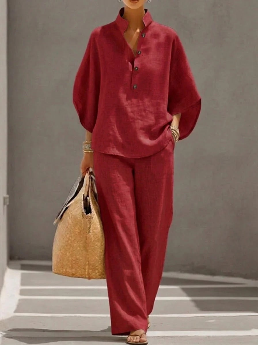 MARIEL | TRAJE DE MANGA MURCIÉLAGO CON PANTALÓN DE PIERNA ANCHA DE ALGODÓN Y LINO