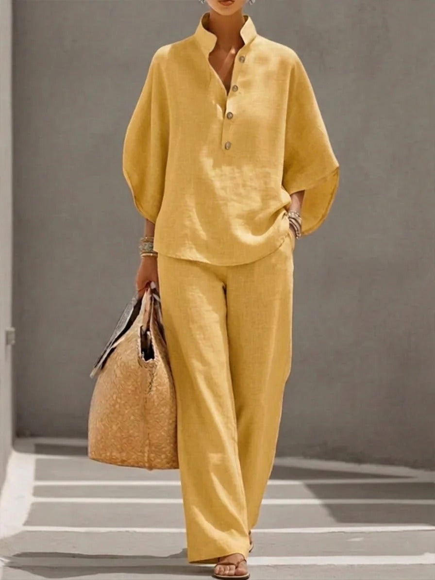 MARIEL | TRAJE DE MANGA MURCIÉLAGO CON PANTALÓN DE PIERNA ANCHA DE ALGODÓN Y LINO