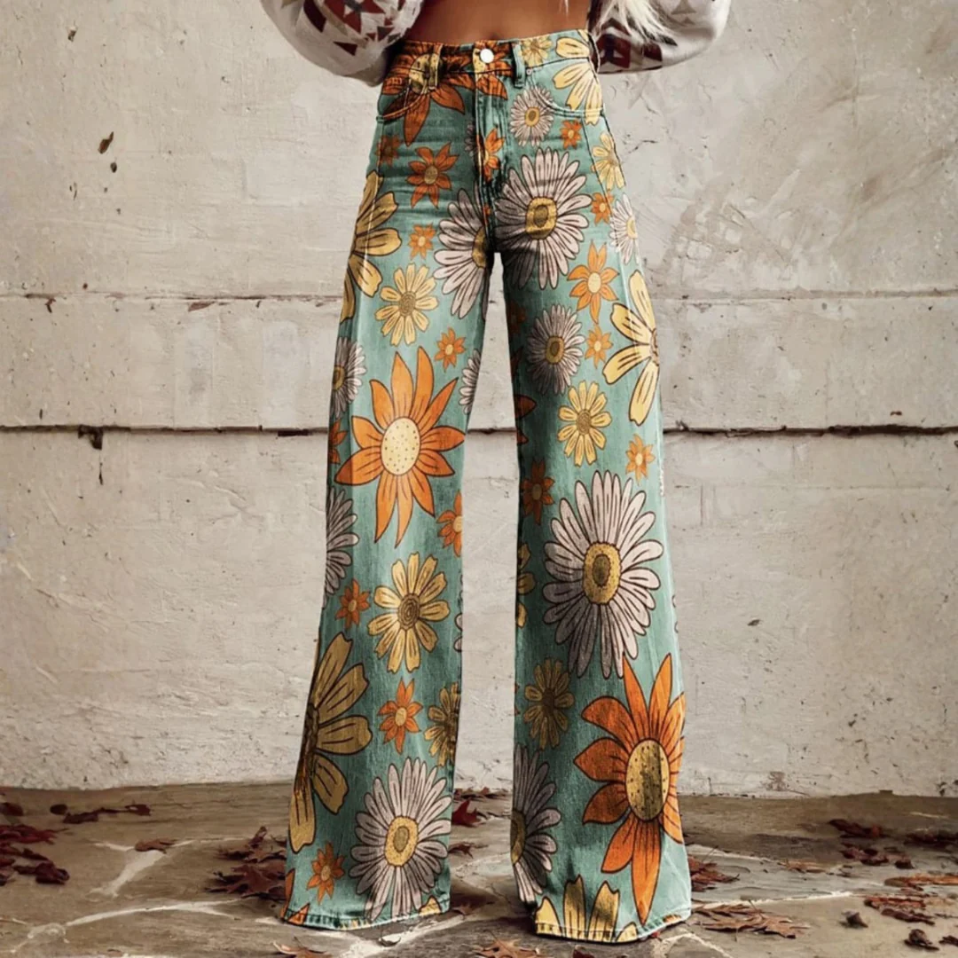 Pantalon Vaquero Anchos Estampado Floral Cintura Media