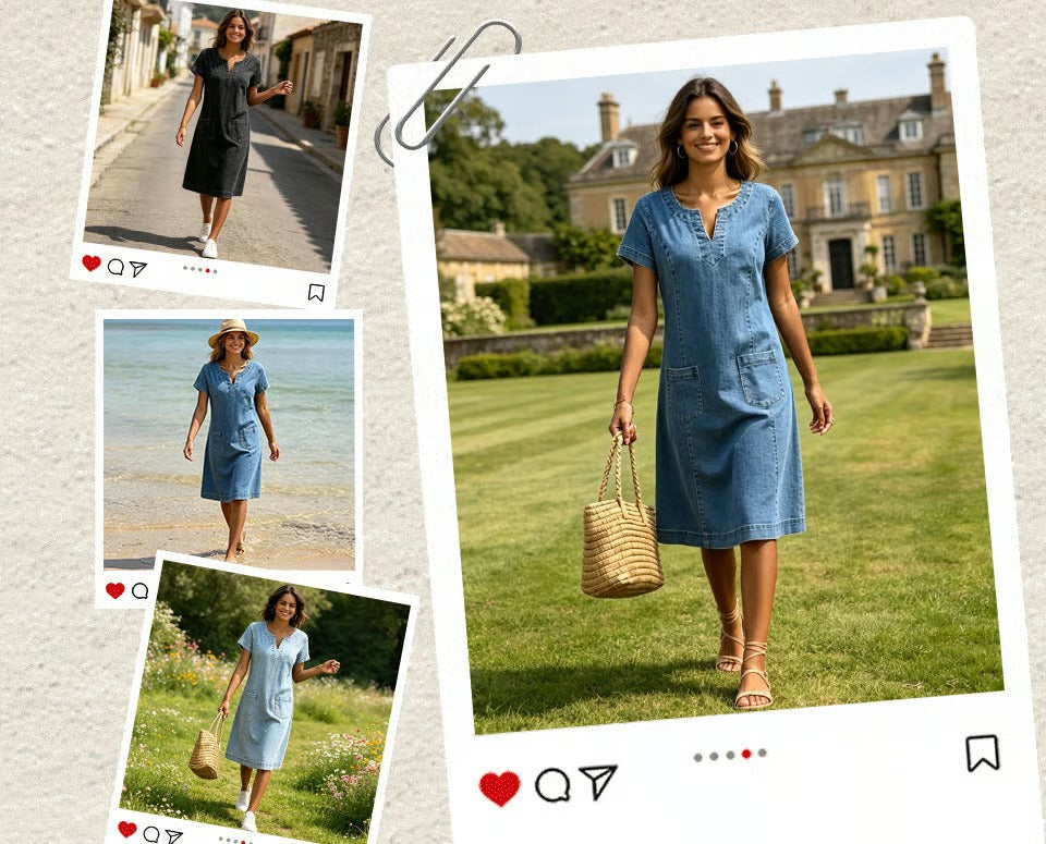 Maria - Vestido informal, estilo camisero, con bolsillo y escote en V pequeño