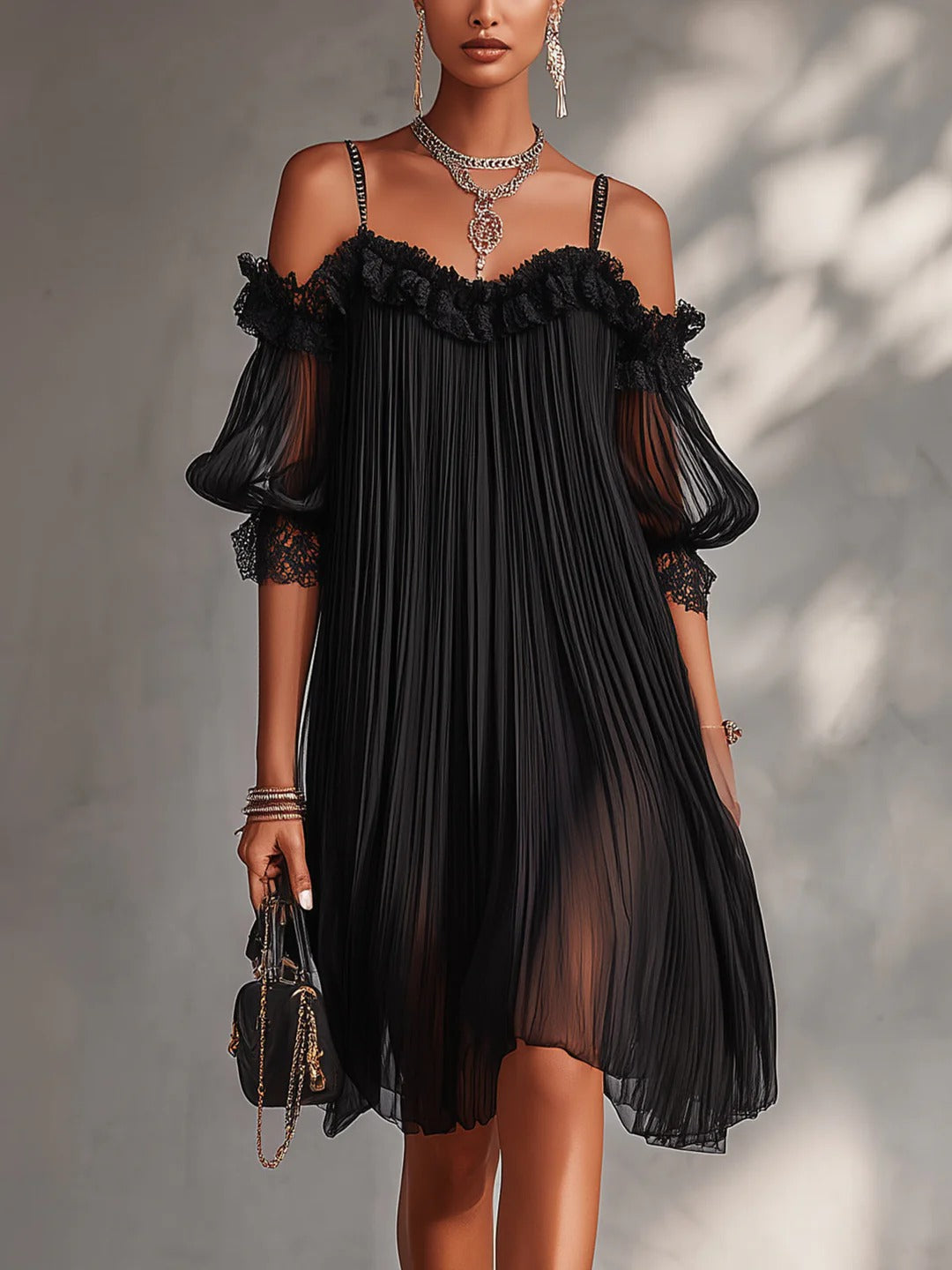 VICTORIA | VESTIDO MINI NEGRO DE GASA CON HOMBROS DESCUBIERTOS Y RIBETE DE ENCAJE