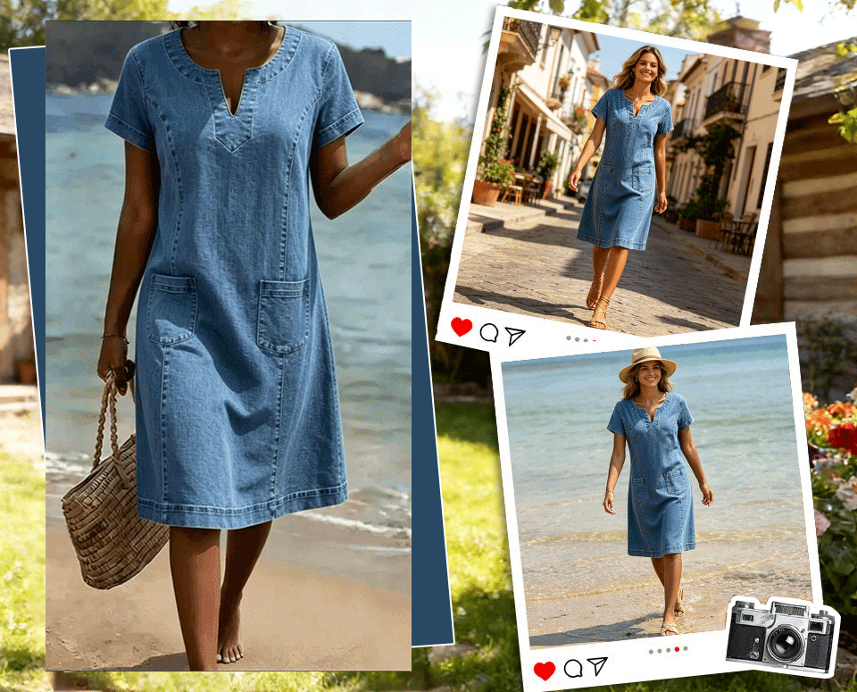 Maria - Vestido informal, estilo camisero, con bolsillo y escote en V pequeño
