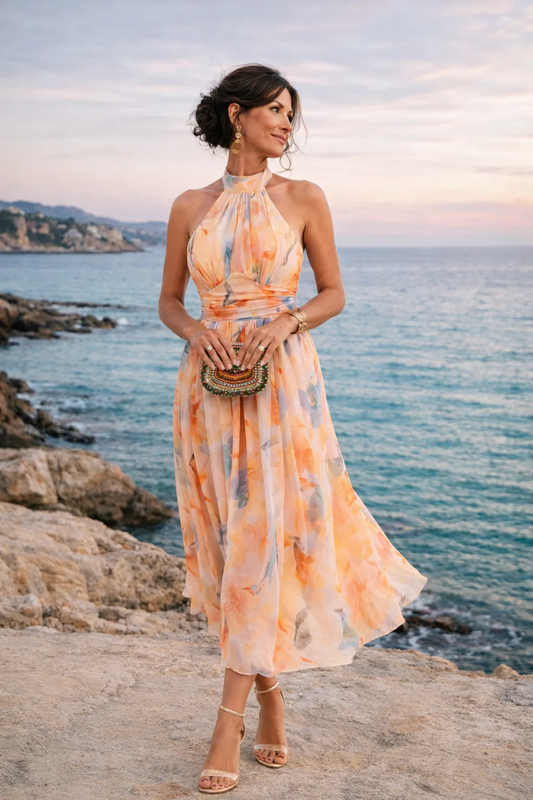 Aurora – Vestido con escote halter y estampado de acuarela