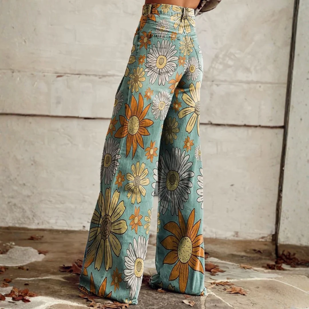 Pantalon Vaquero Anchos Estampado Floral Cintura Media