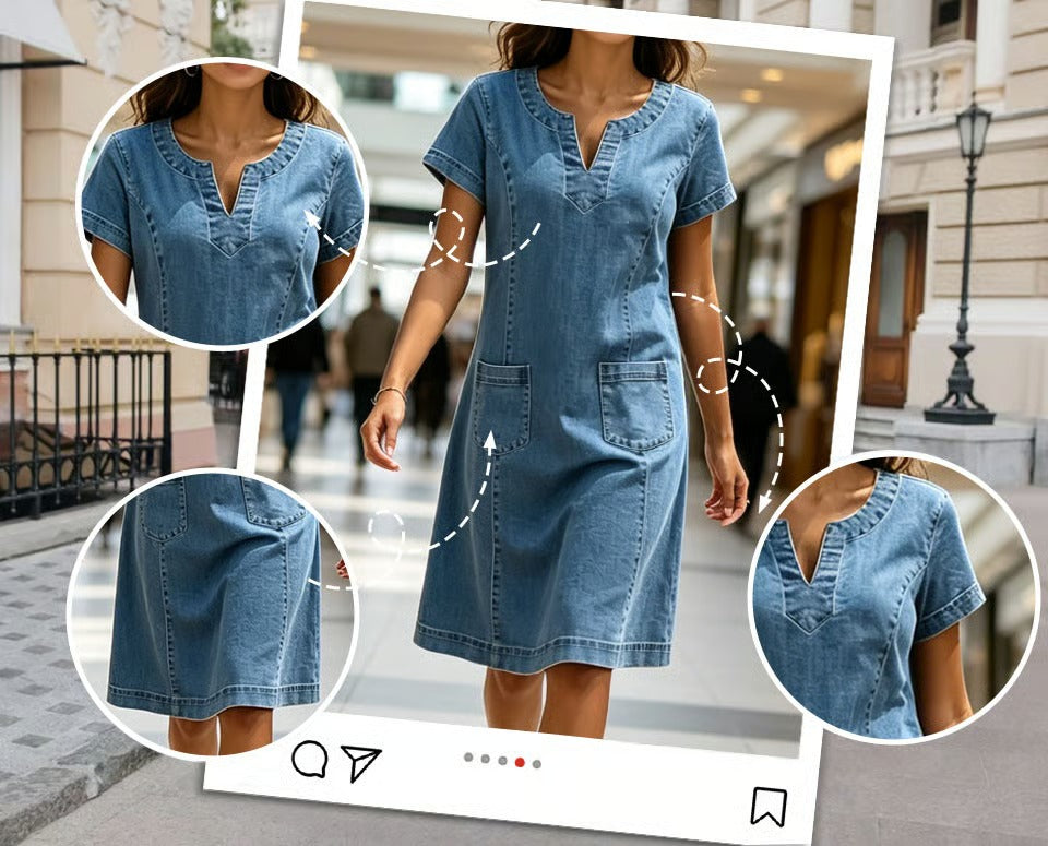Maria - Vestido informal, estilo camisero, con bolsillo y escote en V pequeño