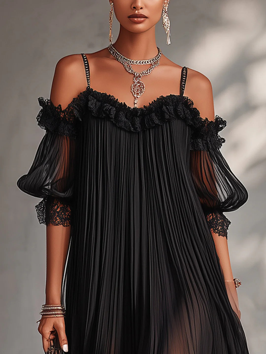 VICTORIA | VESTIDO MINI NEGRO DE GASA CON HOMBROS DESCUBIERTOS Y RIBETE DE ENCAJE