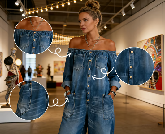 Mono vaquero de hombros descubiertos y pierna ancha