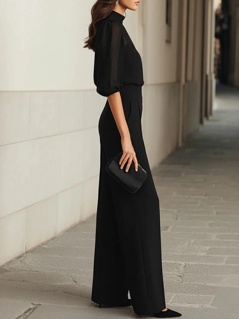 VALENTINA | CONJUNTO DE TRES PIEZAS NEGRO, COMPUESTO POR UNA CAMISOLA TRANSPARENTE Y PANTALONES DE PIERNA ANCHA