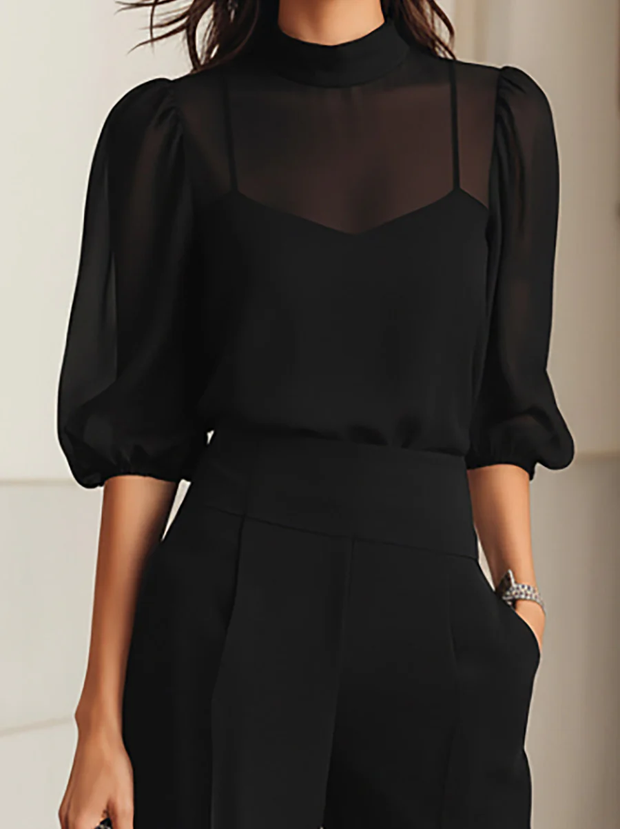 VALENTINA | CONJUNTO DE TRES PIEZAS NEGRO, COMPUESTO POR UNA CAMISOLA TRANSPARENTE Y PANTALONES DE PIERNA ANCHA
