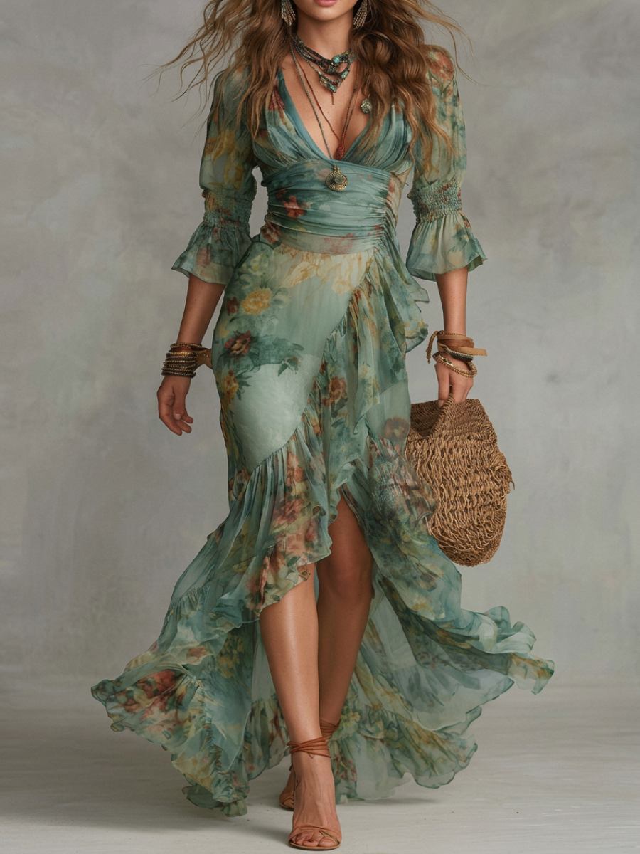 Gala - Vestido Largo en Chiffon Verde con Detalles Irregulares y Abertura - Elegancia Naturaleza