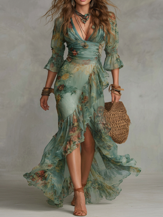 Gala - Vestido Largo en Chiffon Verde con Detalles Irregulares y Abertura - Elegancia Naturaleza