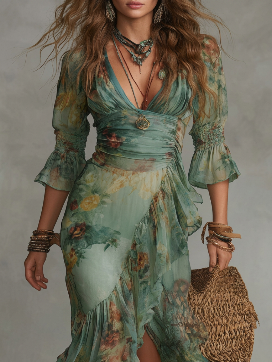 Gala - Vestido Largo en Chiffon Verde con Detalles Irregulares y Abertura - Elegancia Naturaleza