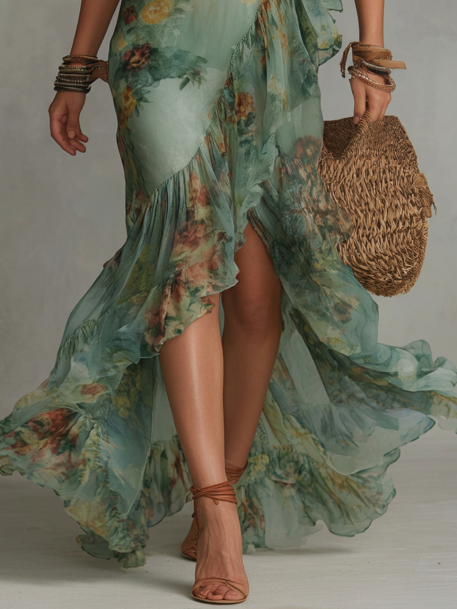 Gala - Vestido Largo en Chiffon Verde con Detalles Irregulares y Abertura - Elegancia Naturaleza