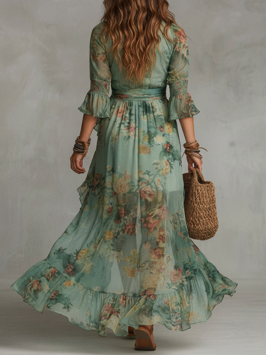 Gala - Vestido Largo en Chiffon Verde con Detalles Irregulares y Abertura - Elegancia Naturaleza